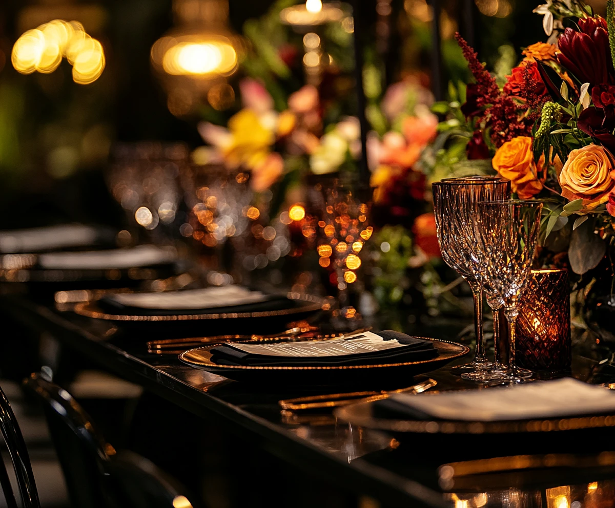 Luxurious close up dinner table with dramatic accent lighting