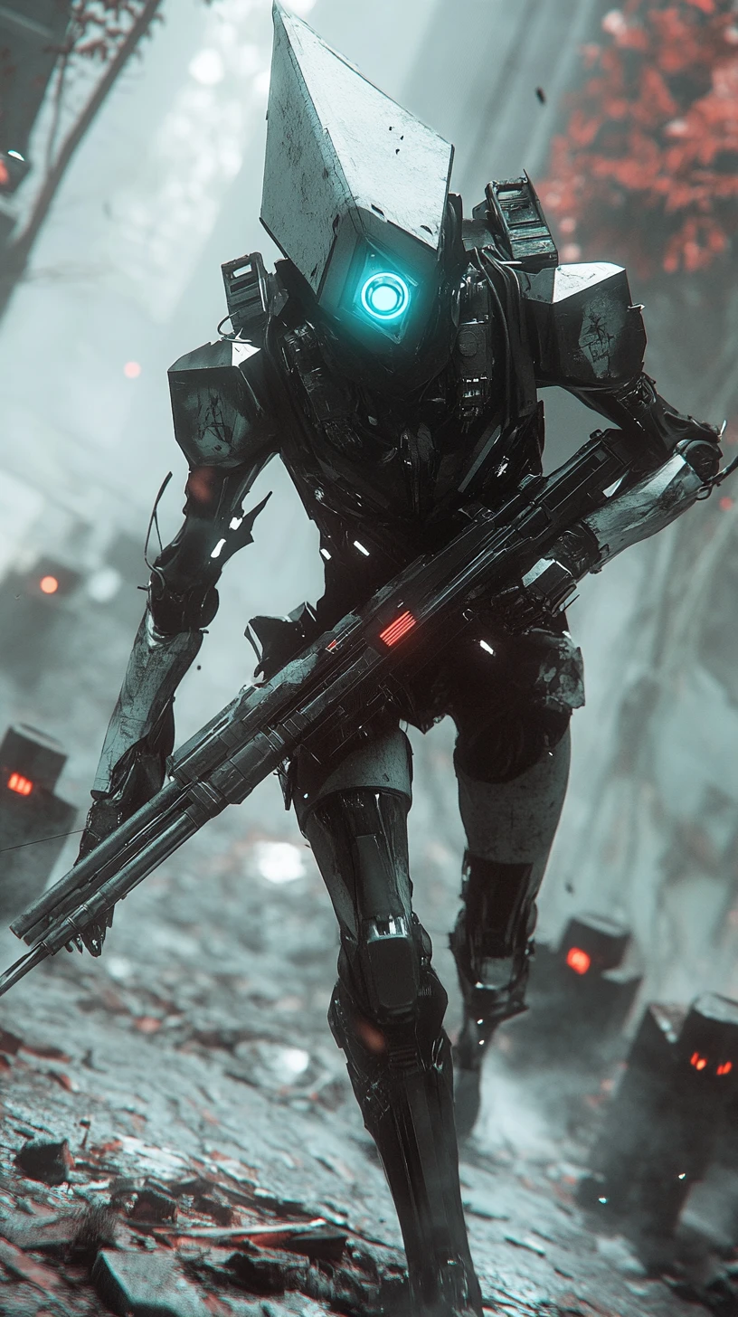 Futuristic battle robot running across a war torn field