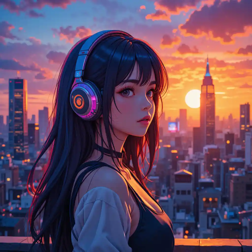 Anime girl with headphones in a neon city sunset