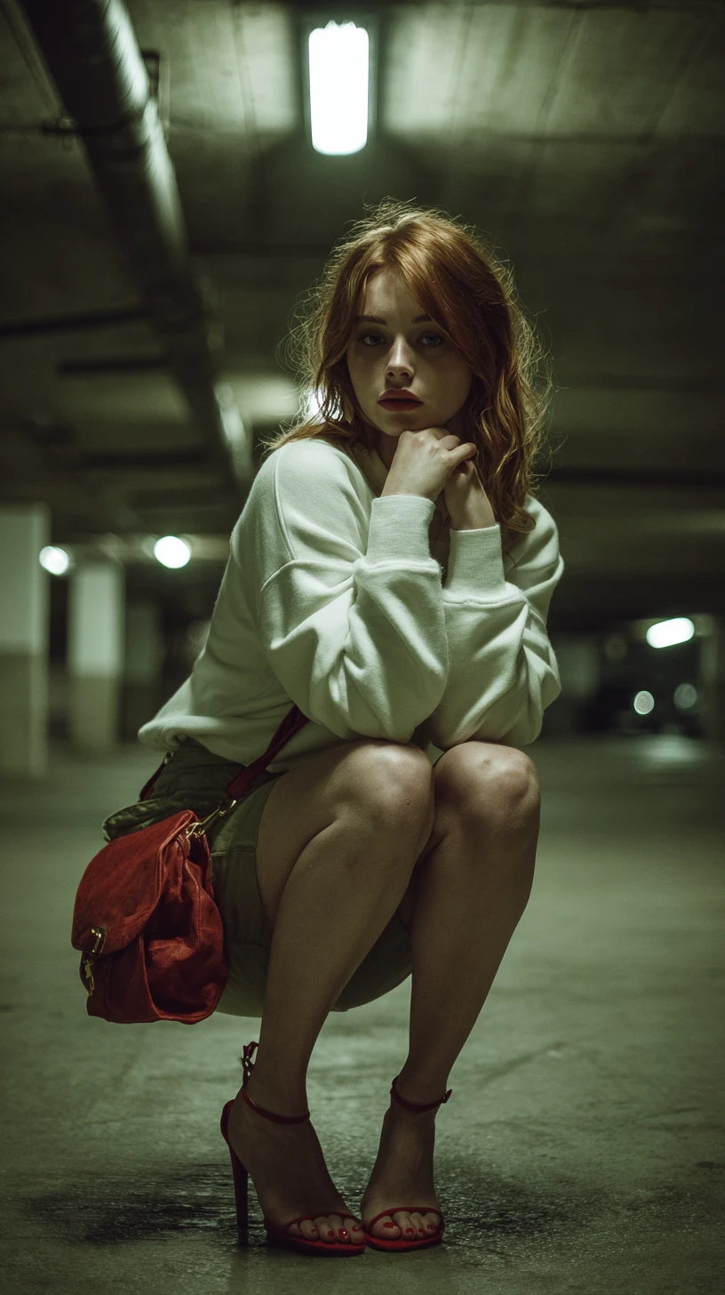Red haired woman posing in an underground parking lot