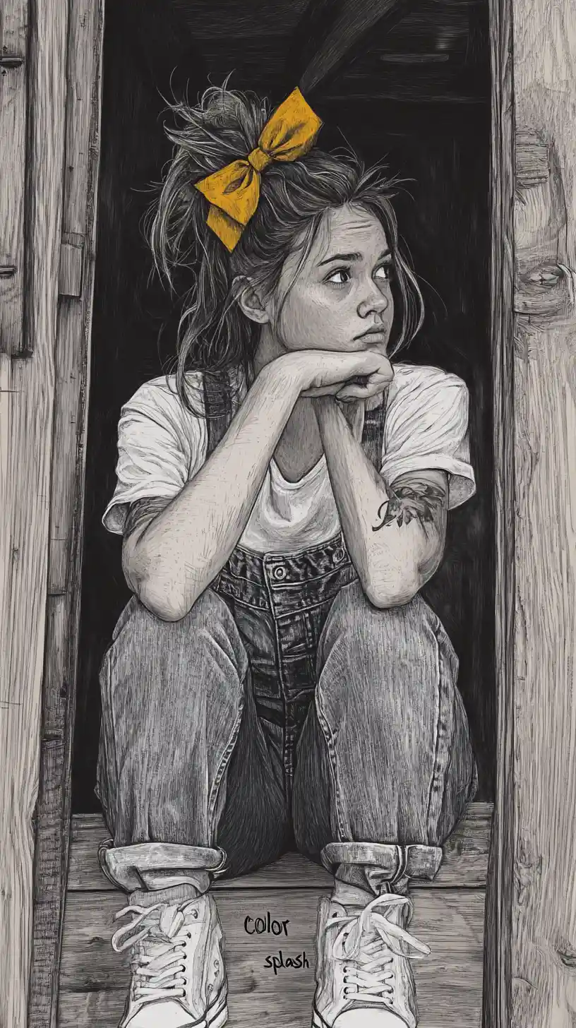 Pensive girl in overalls sitting in a rustic doorway