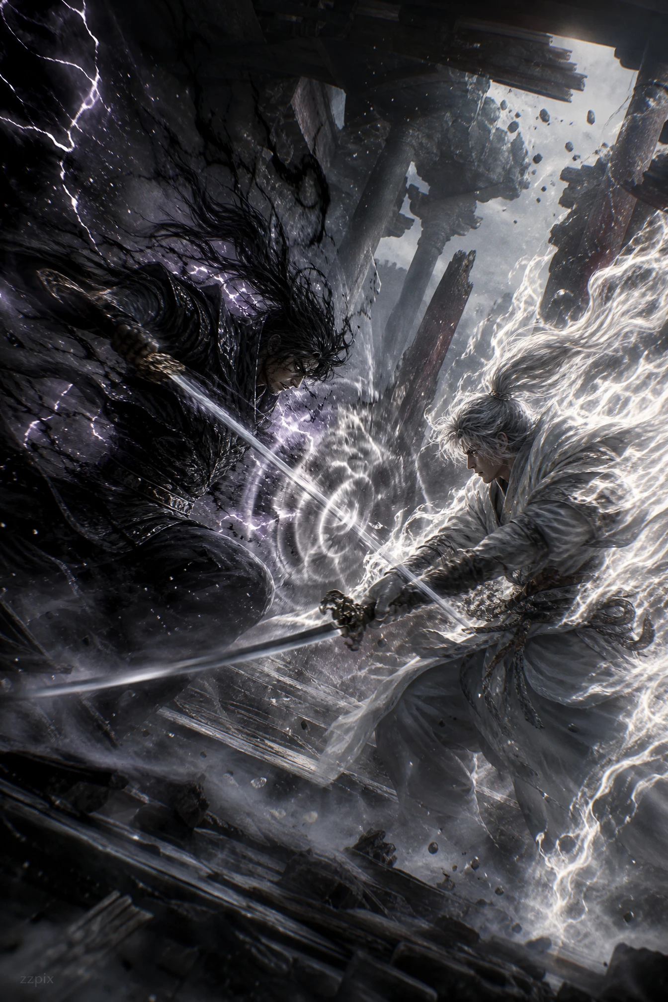 Two elemental warriors clashing in a collapsing temple