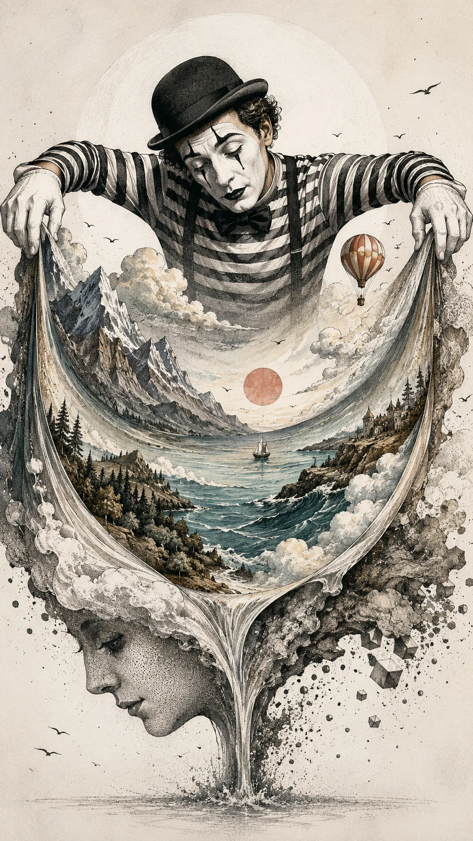 Mime bending a surreal horizon of mountains and sea