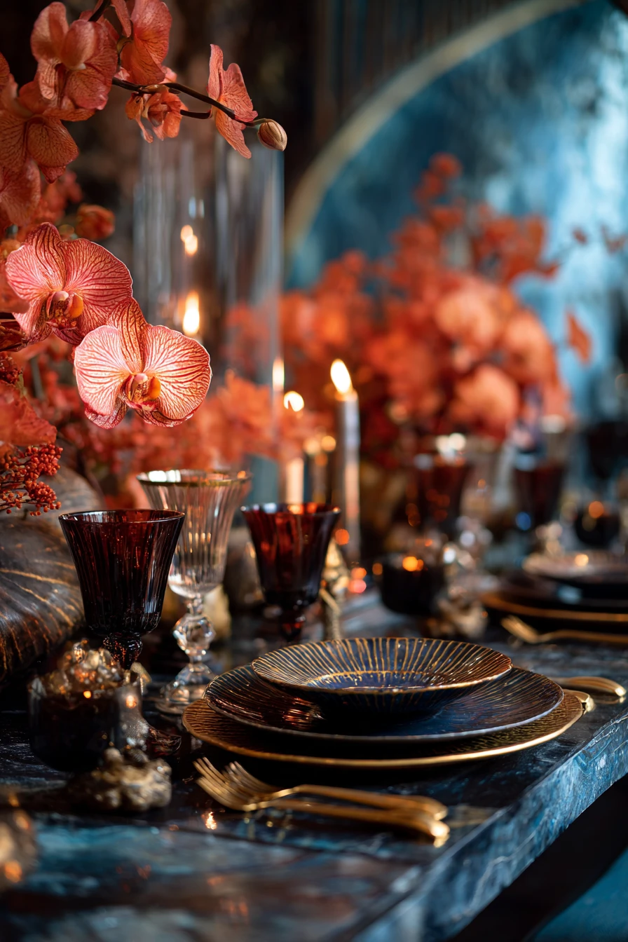 Luxurious aerial view of an elegant tabletop dining scene