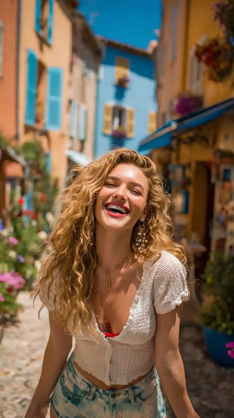 Donna che ride in un soleggiato borgo costiero italiano