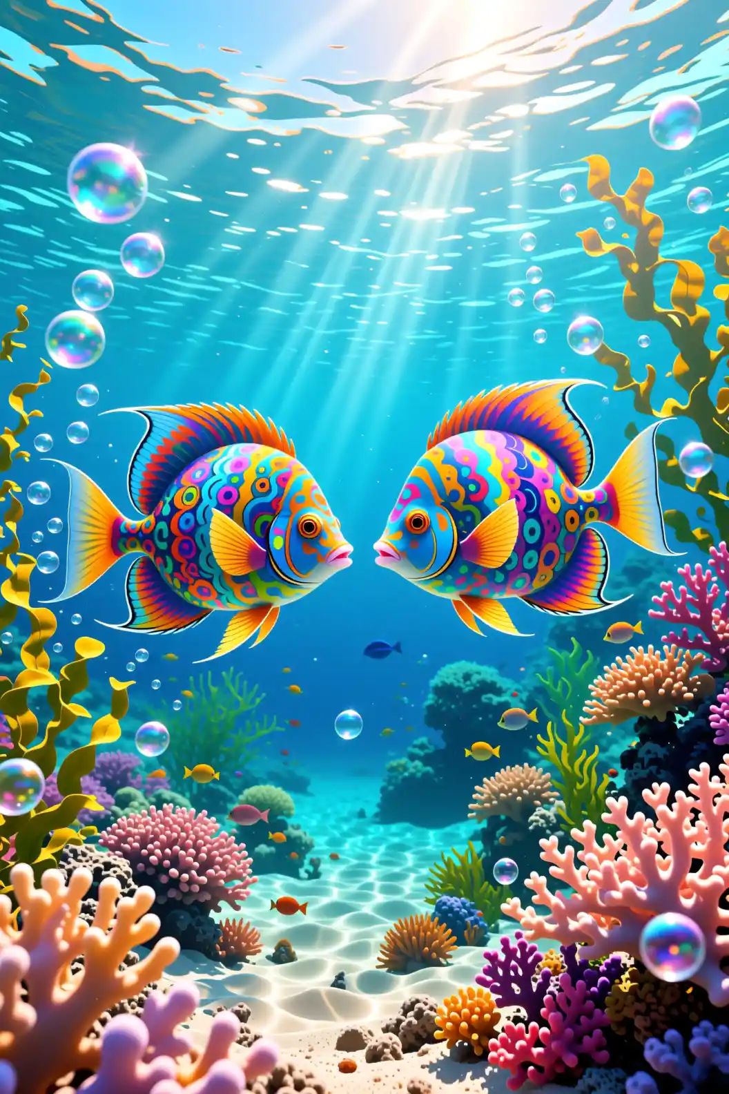 Colorful surreal fish swimming over a bright coral reef