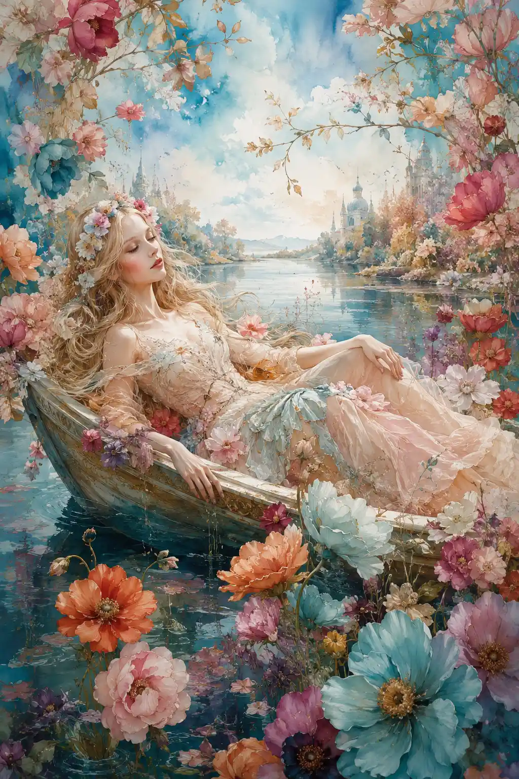 Peaceful woman in a flower filled boat on a dreamy lake