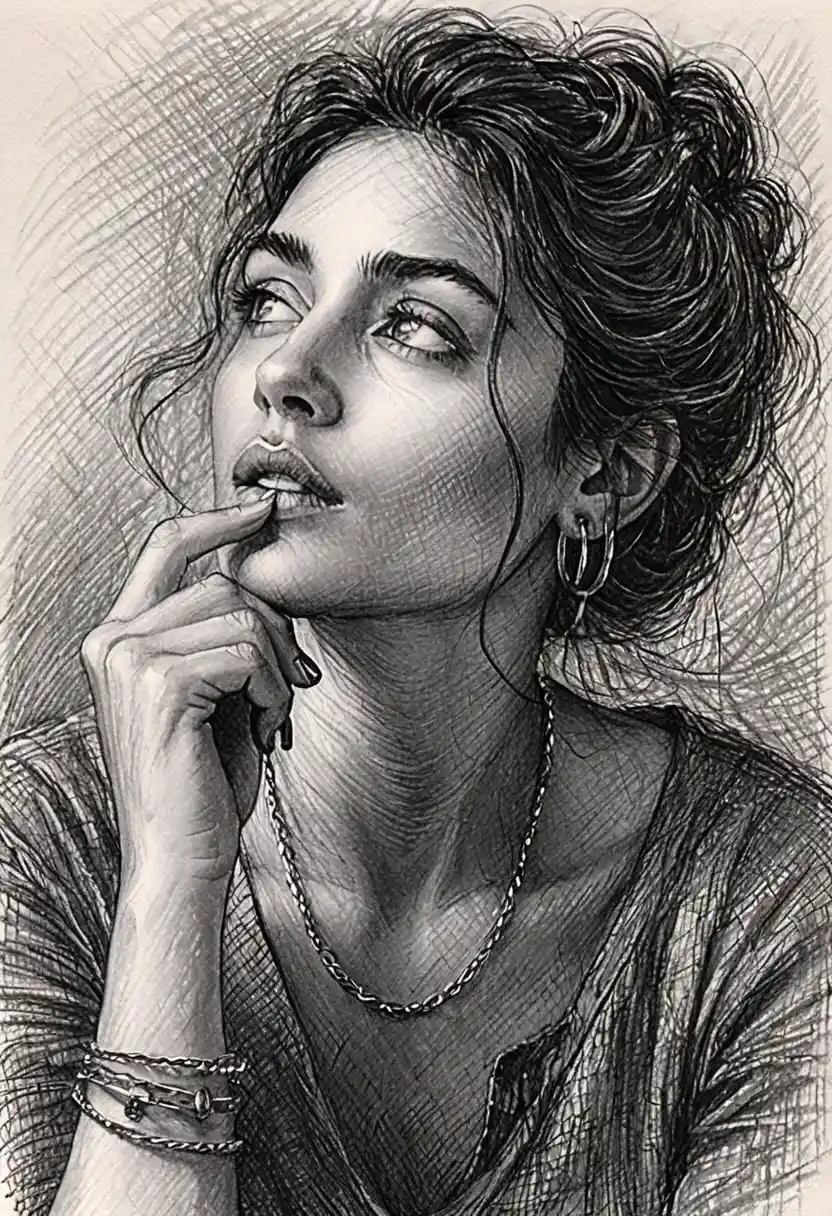 Ink portrait of a pensive woman with hand near her lips