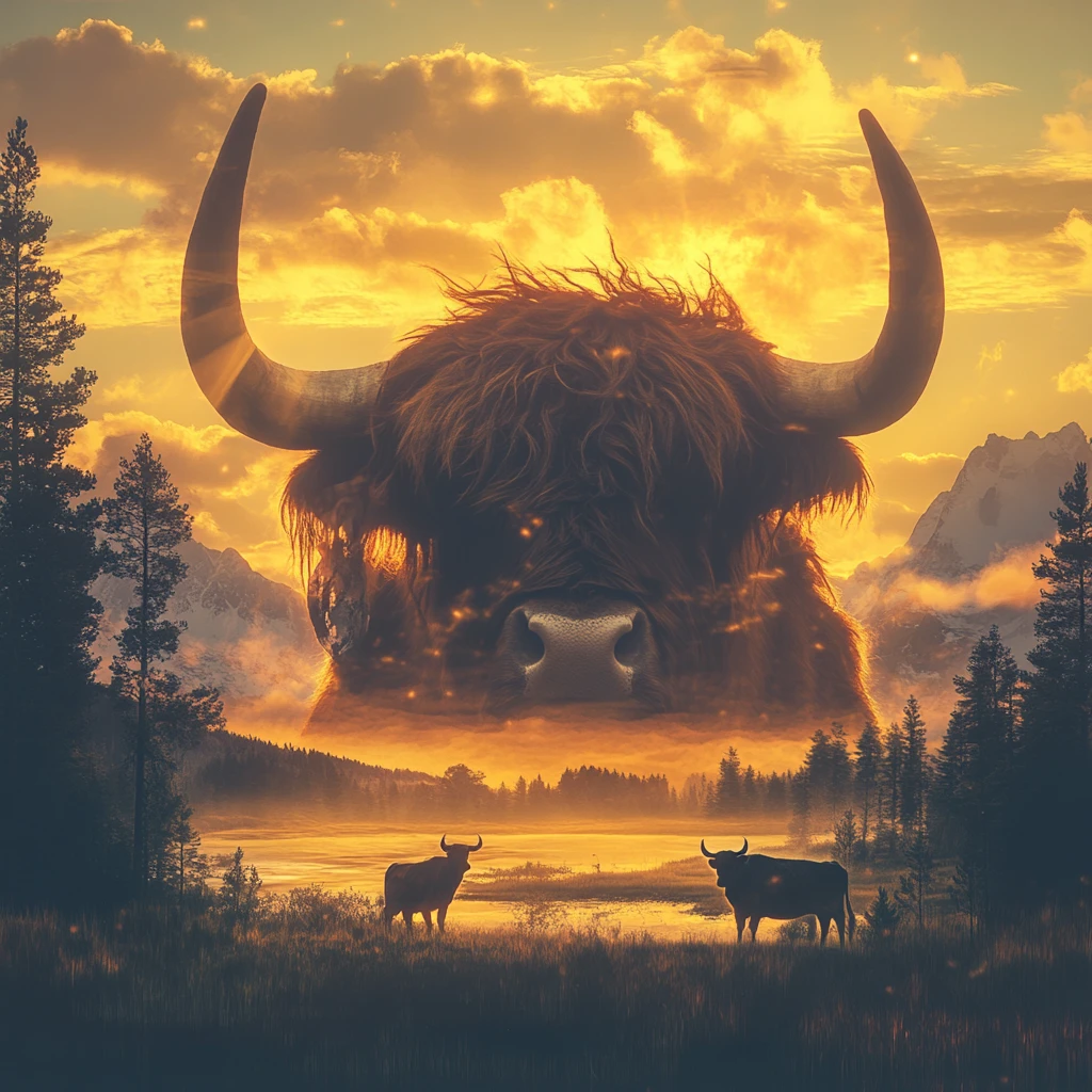 Highland cow silhouette filled with glowing mountain sunrise