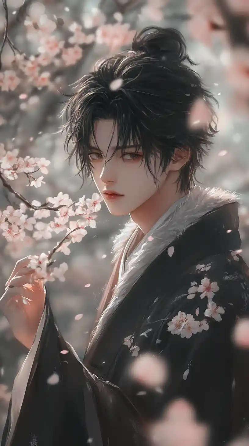 Elegant anime man with cherry blossoms in soft grayscale