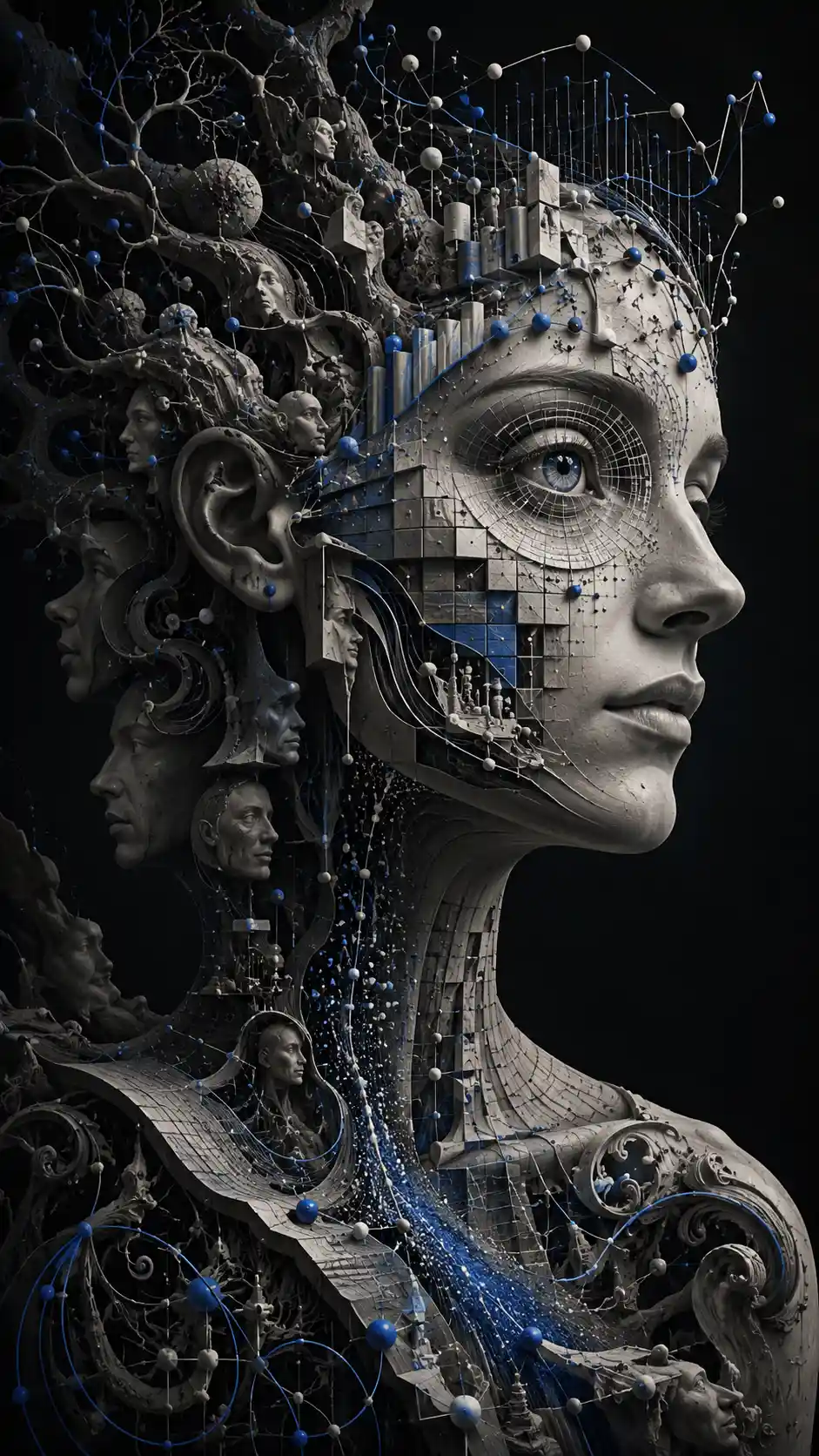 Surreal portrait of a woman shaped from data and code