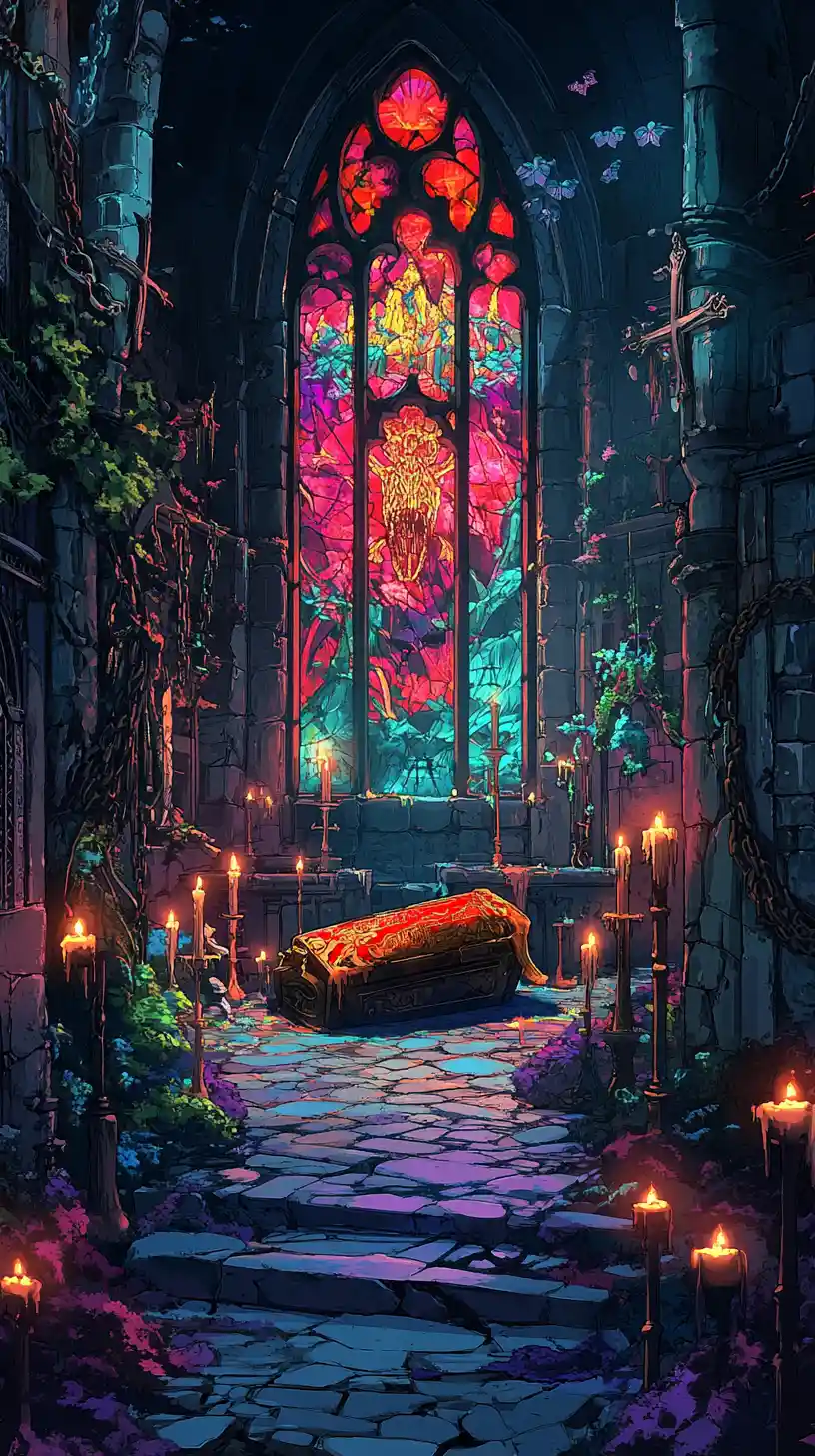 Gothic cathedral interior with chained coffin and sleeping girl