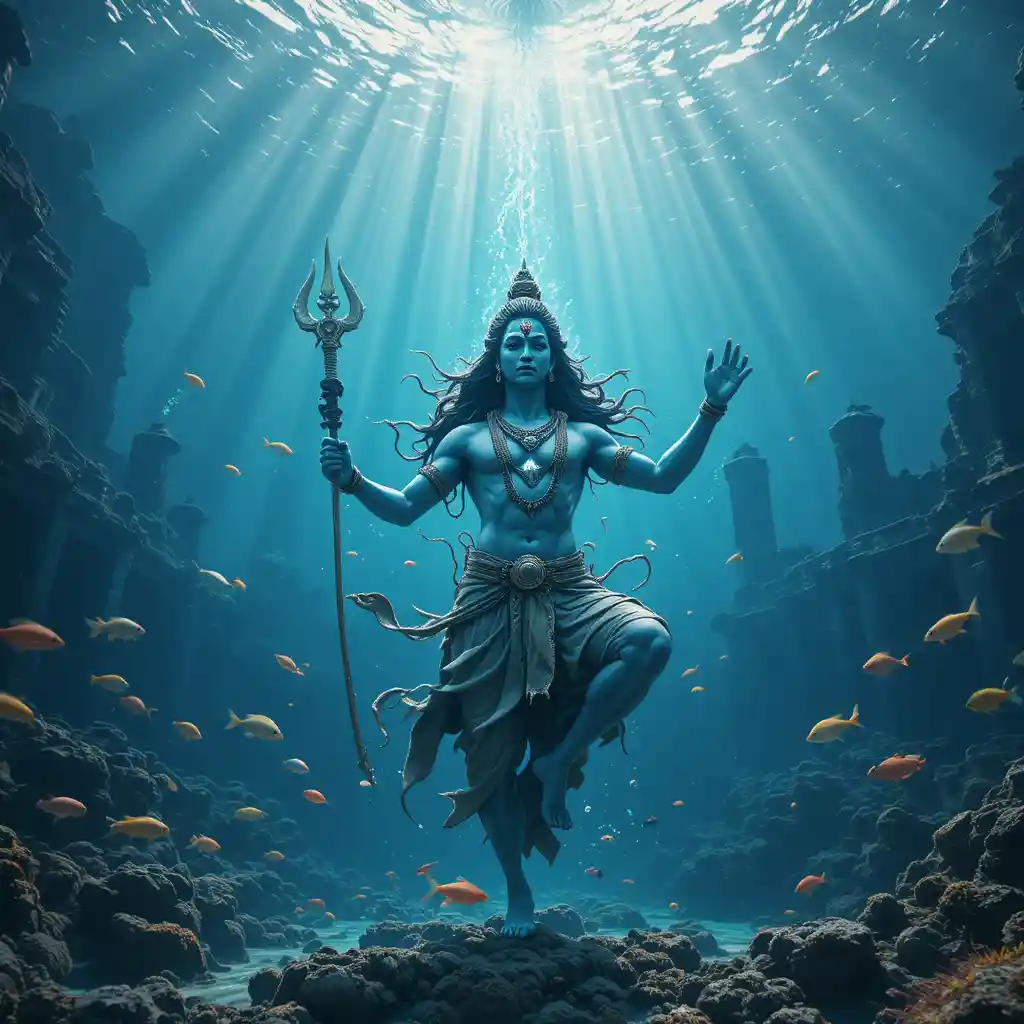 Hindu deity dancing in an underwater temple shrine