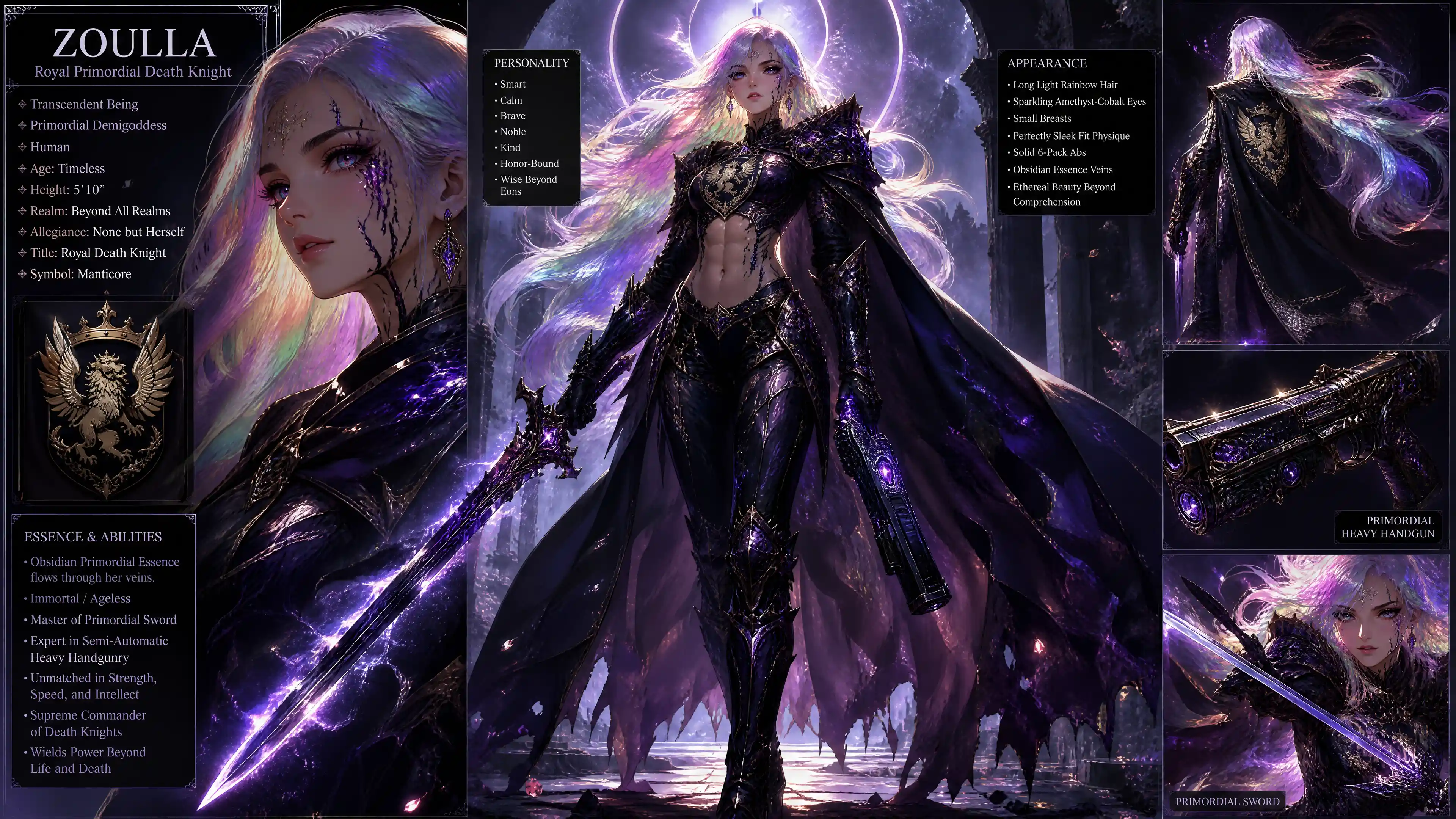 Trans demigoddess warrior with rainbow hair and arcane weapons