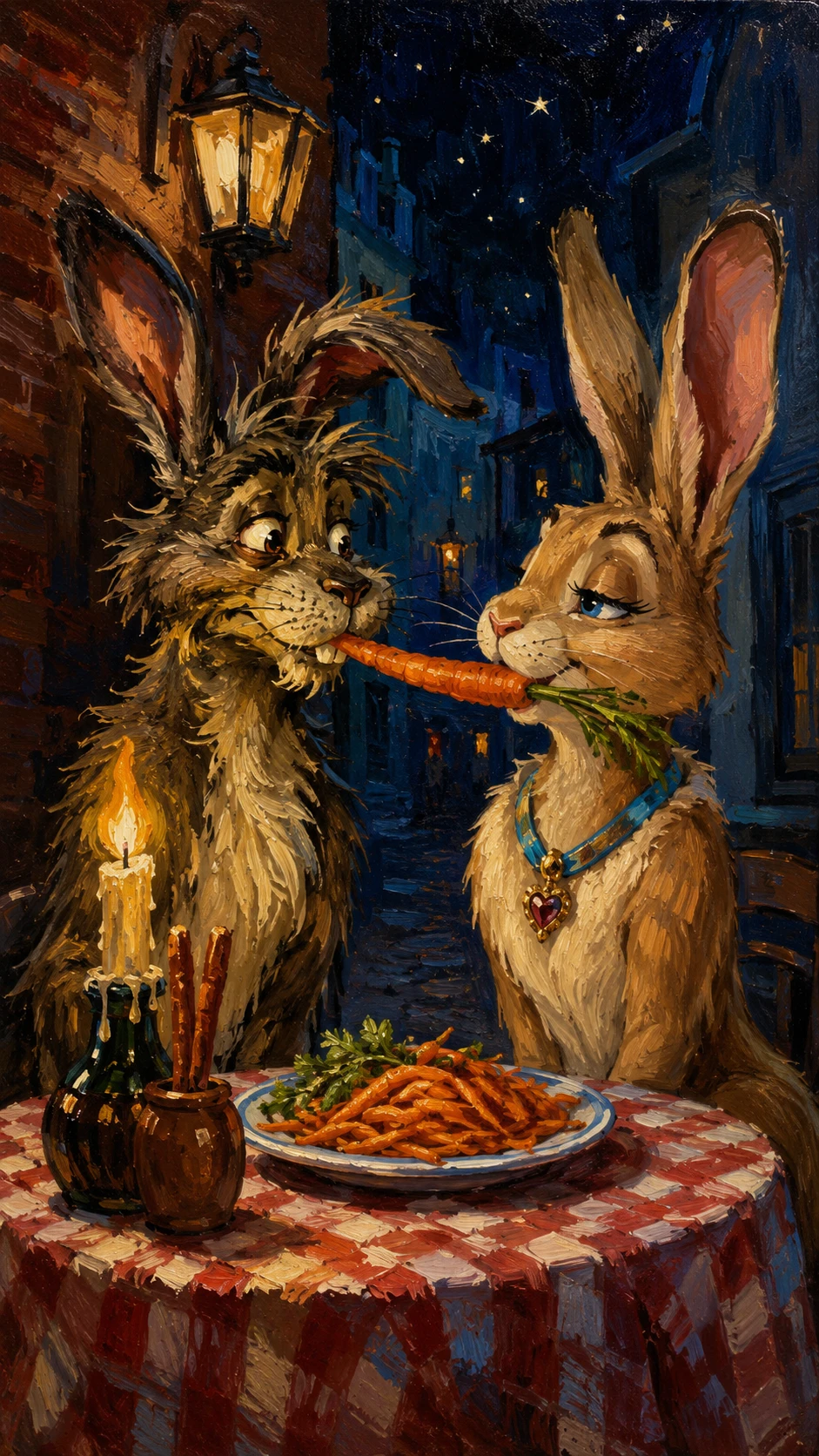 Conejos románticos compartiendo una zanahoria en la mesa de cena