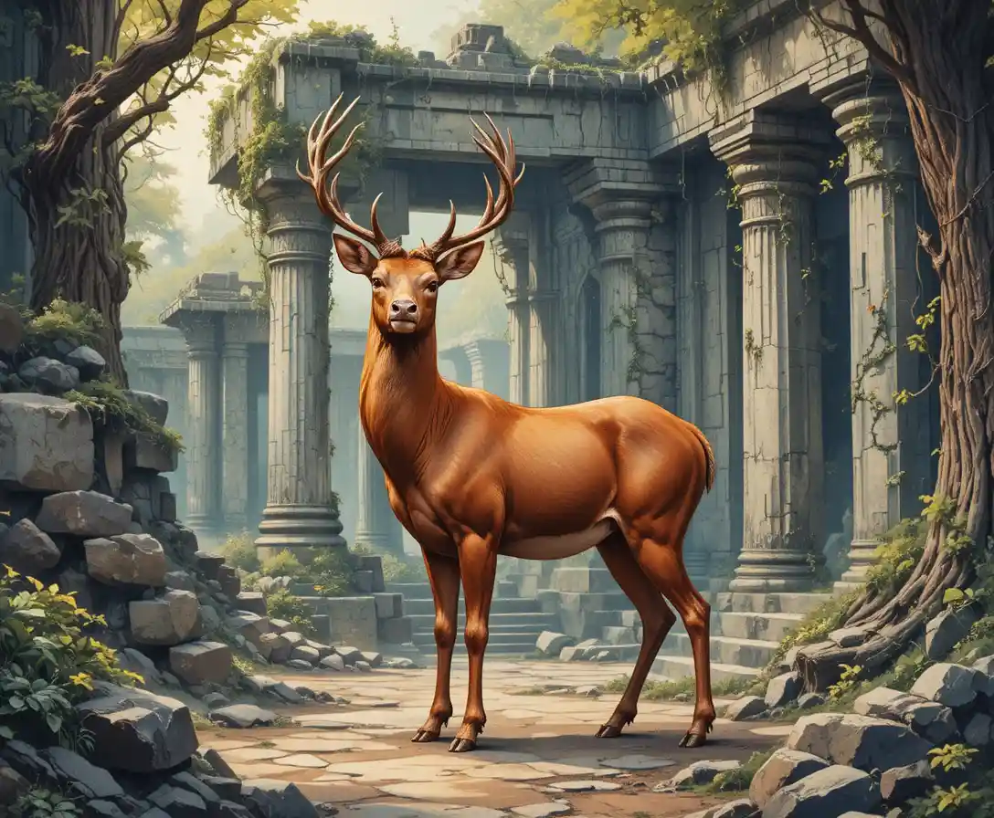 Majestic red deer in overgrown ancient temple ruins