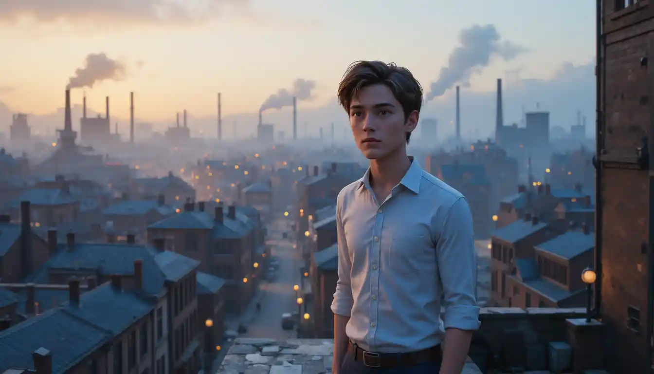 Young man on rooftop at dawn over misty industrial town