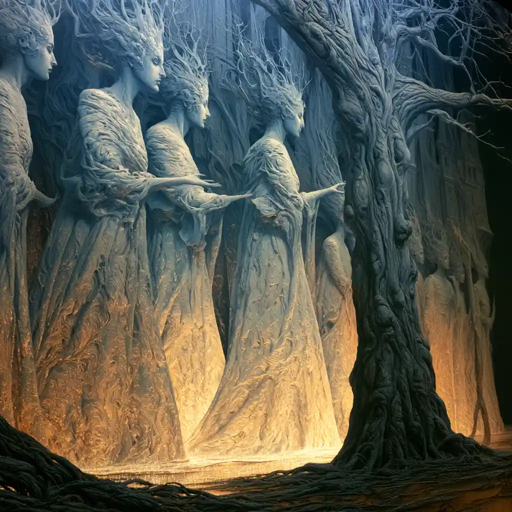 Ethereal giant women rising from a surreal glowing mire