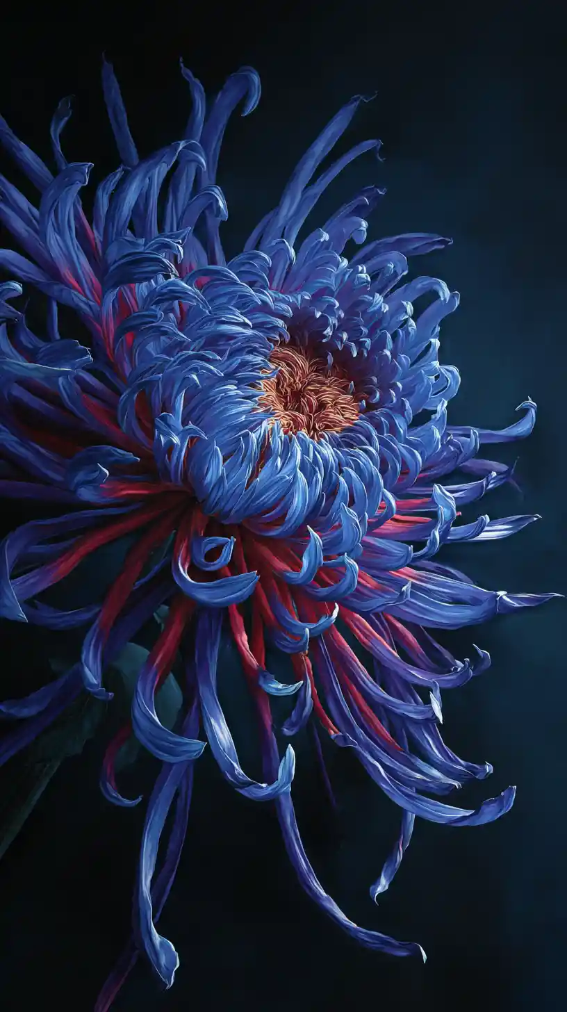 Vibrant chrysanthemum close up in dramatic dark painting