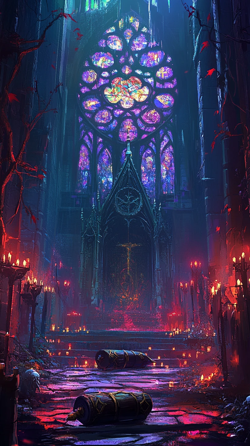 Gothic cathedral interior with chained coffin and sleeping girl