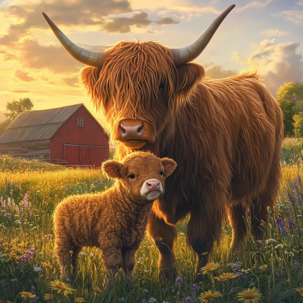 Vitellino Highland che allatta accanto alla madre al tramonto dorato in fattoria