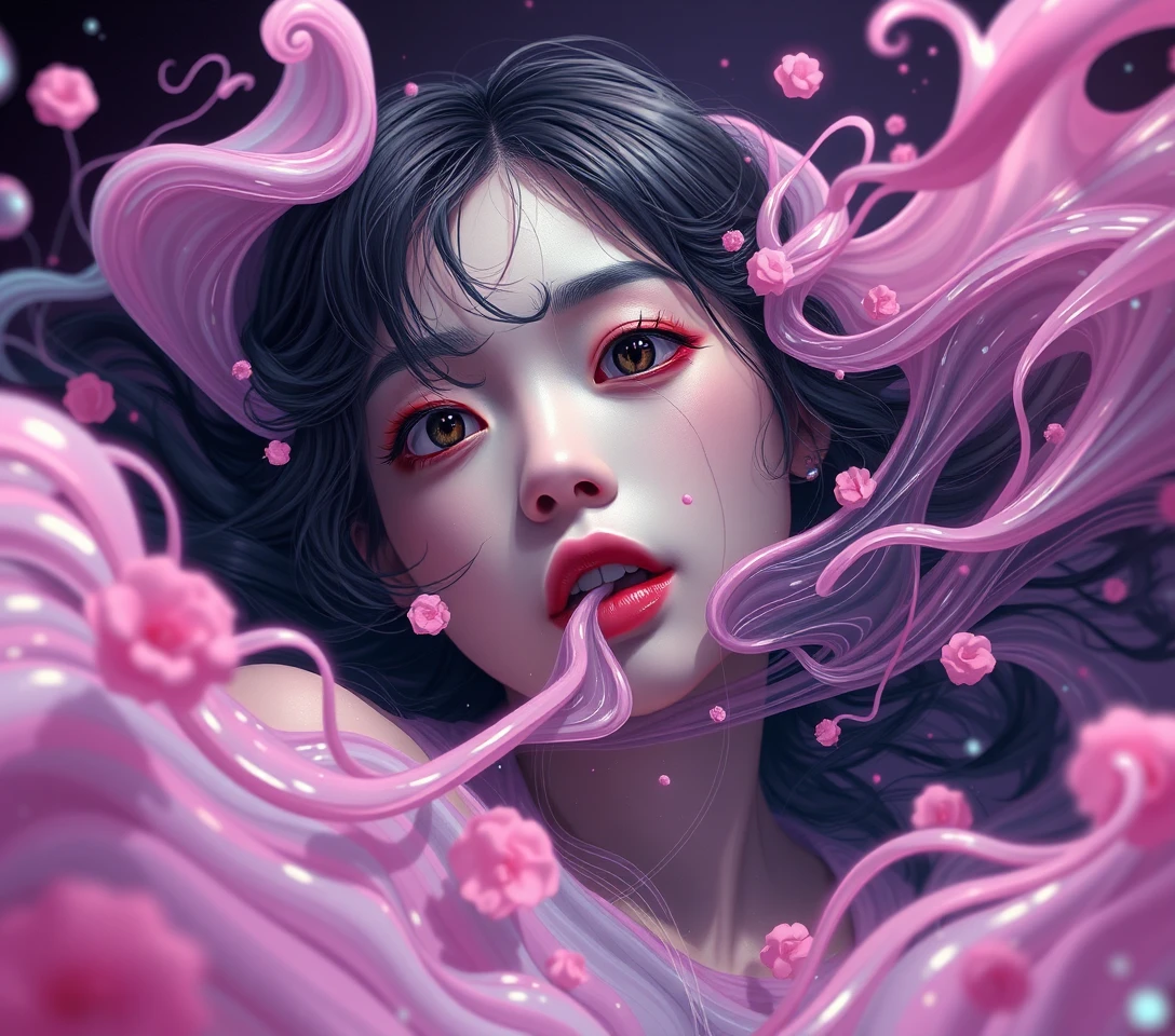 Surreal pop vision of a playful woman in comic horror flow