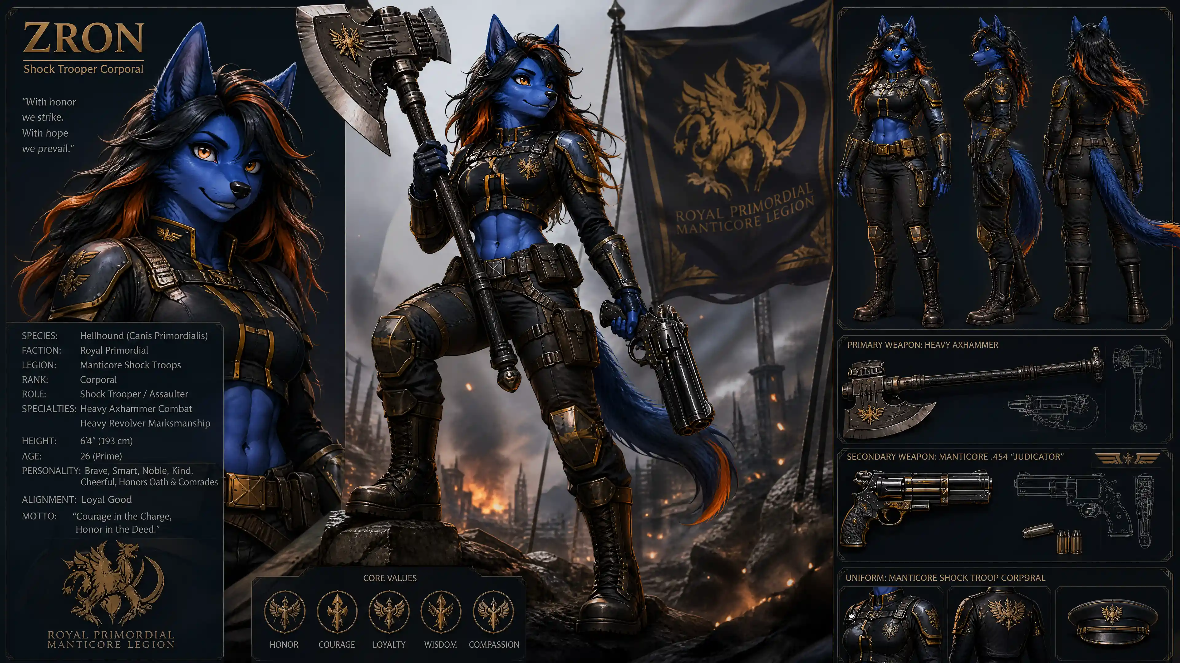 Blue fur hellhound warrior woman in shock troop uniform