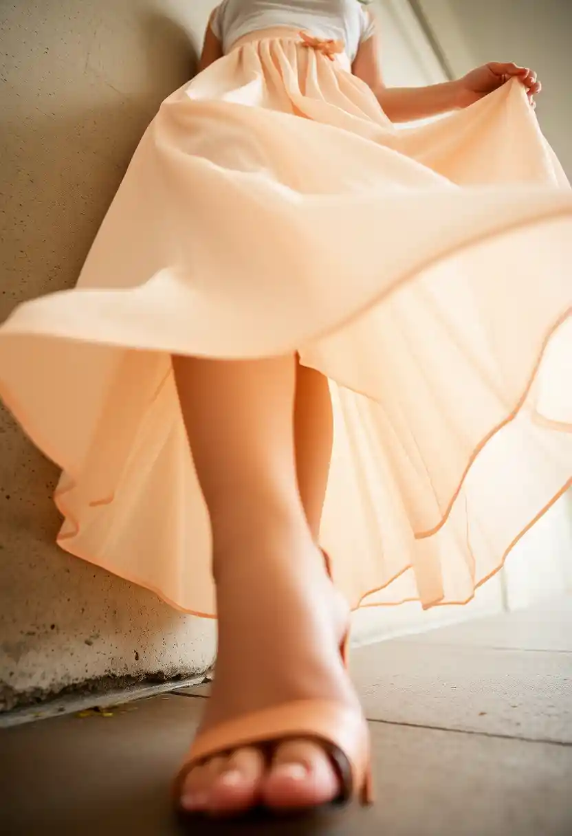 Low angle view beneath a womans flowing skirt