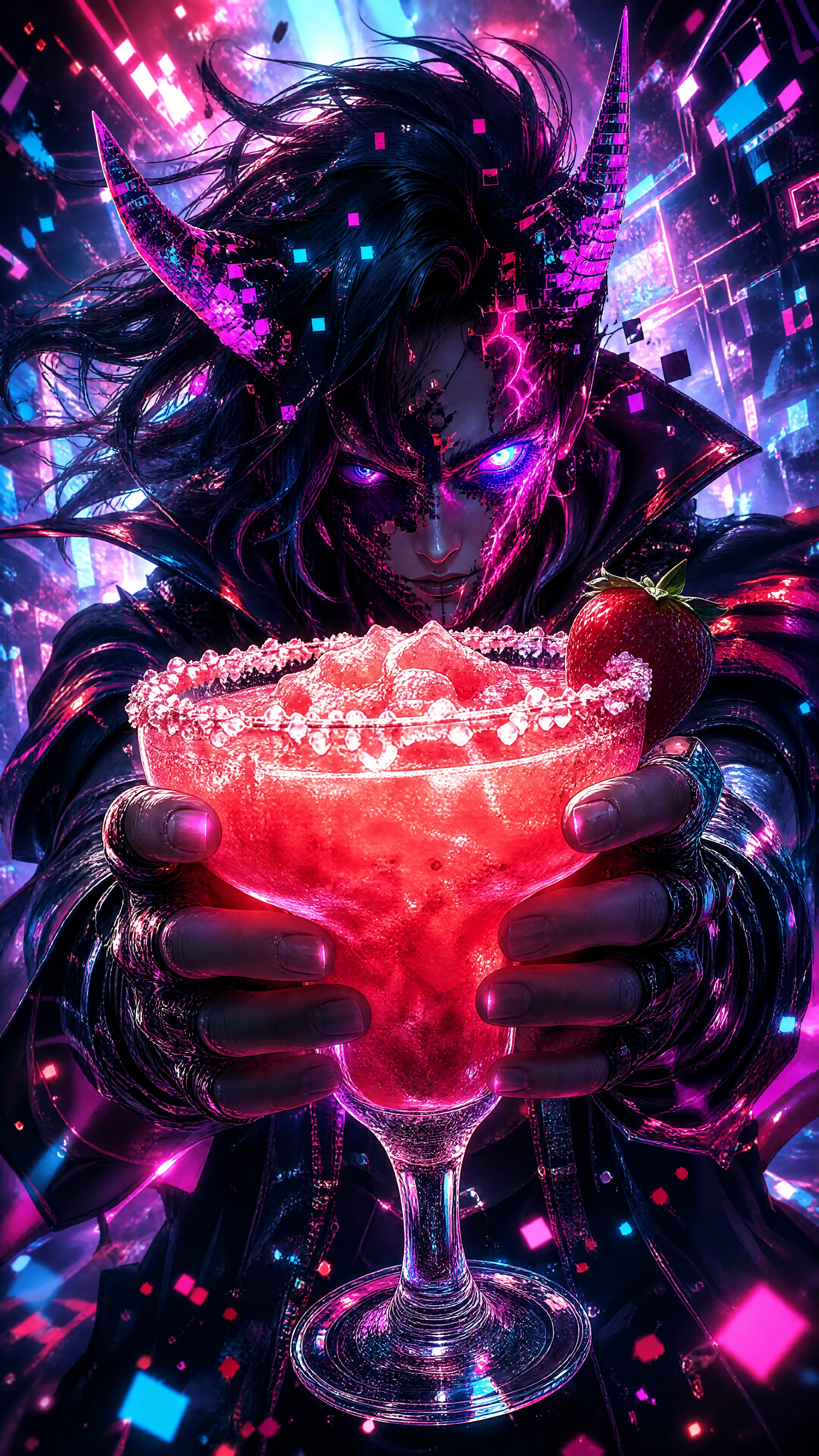 Demonic figure holding a glowing strawberry margarita glass