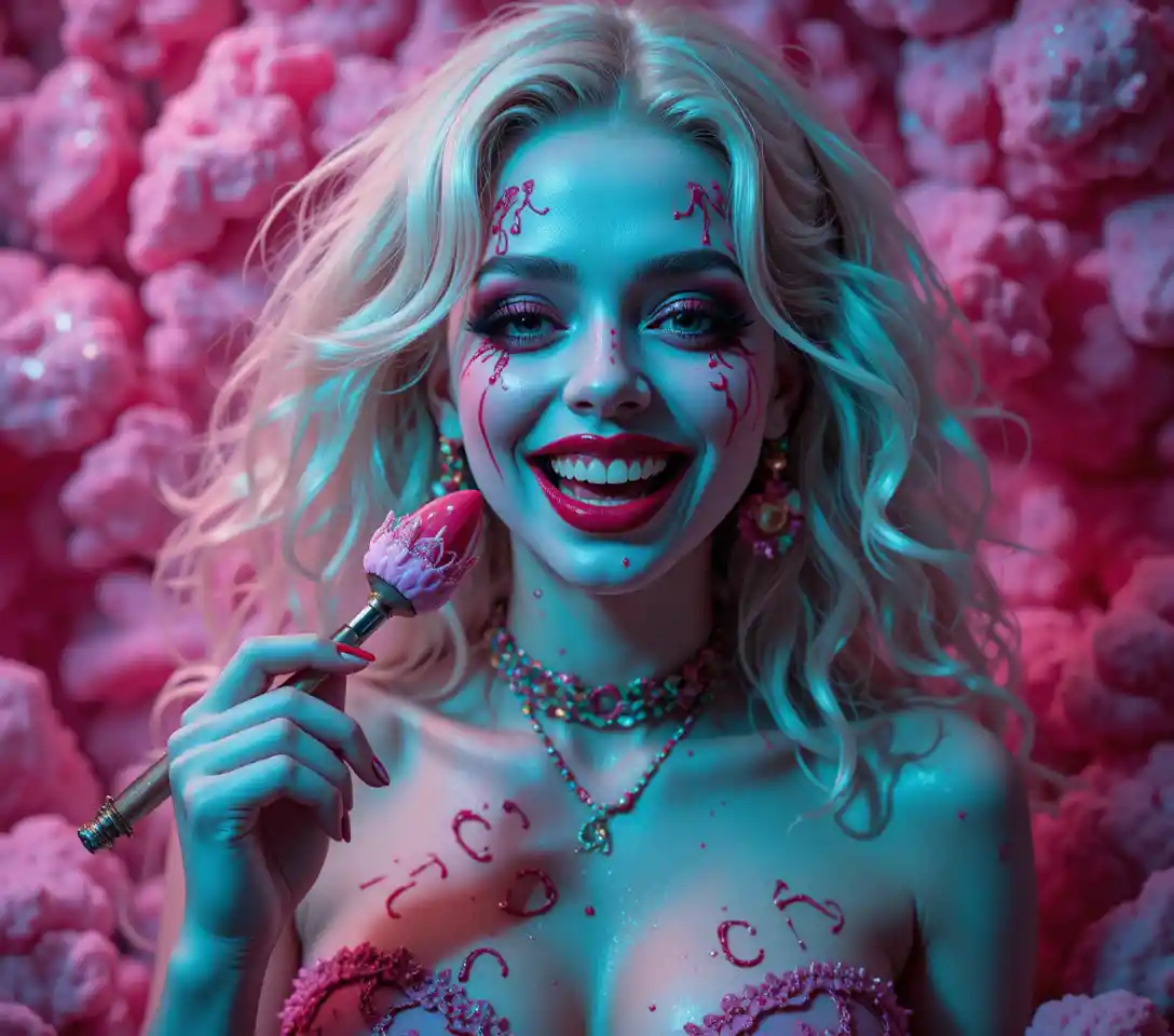 Surreal woman in candy colored shadows and warped smiles