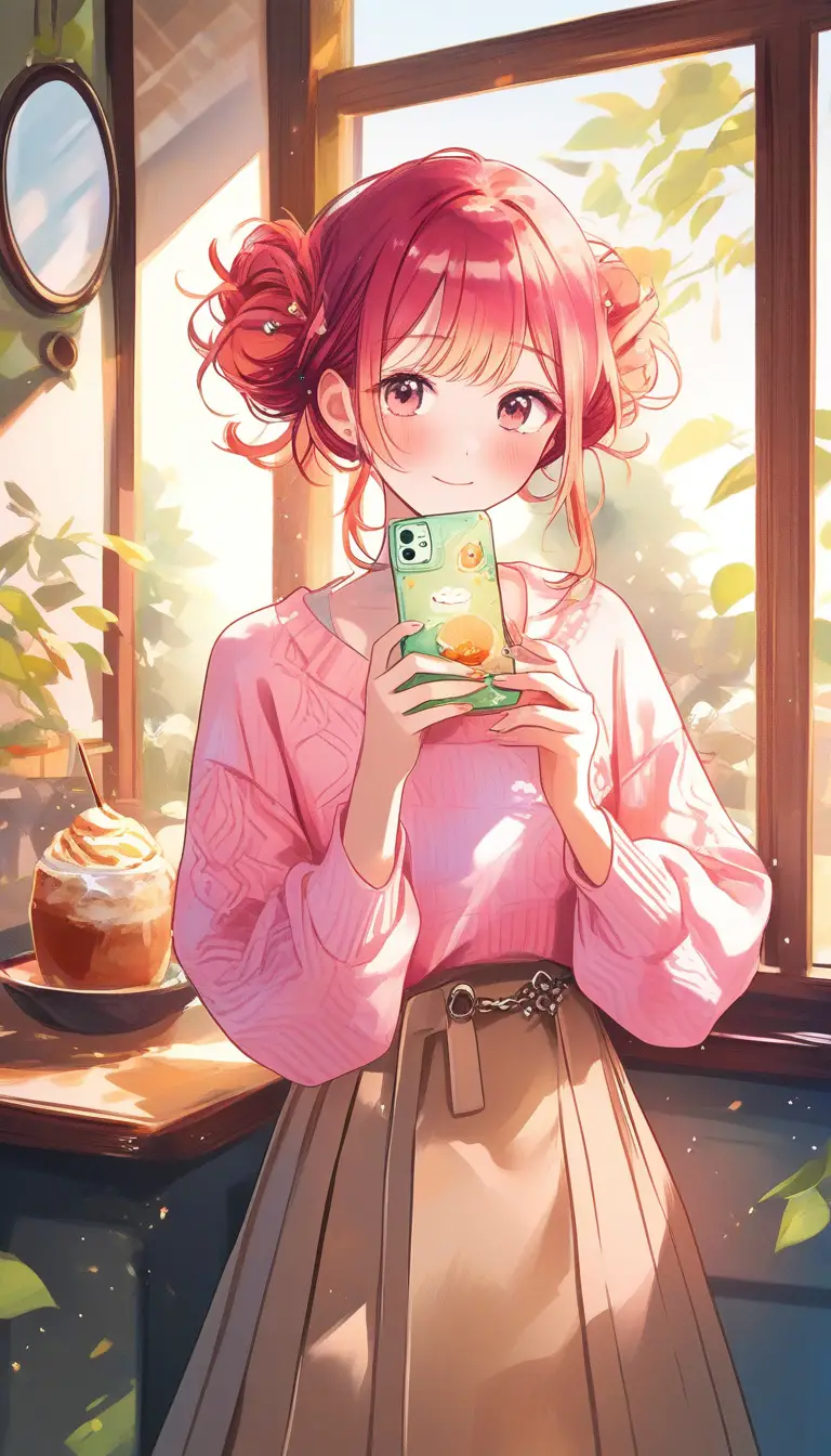 Watercolor mirror selfie of a stylish woman in a cafe