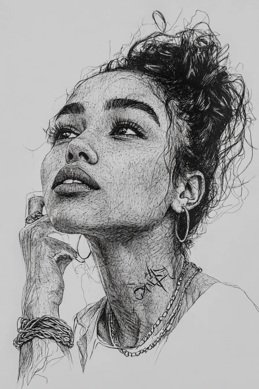 Ink portrait of a thoughtful woman with hand to her lips