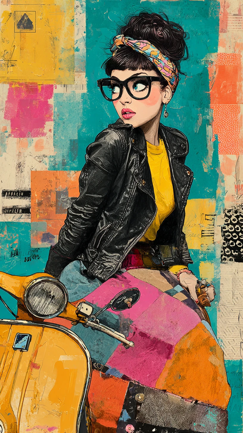 Pop art woman riding a vintage scooter on abstract canvas