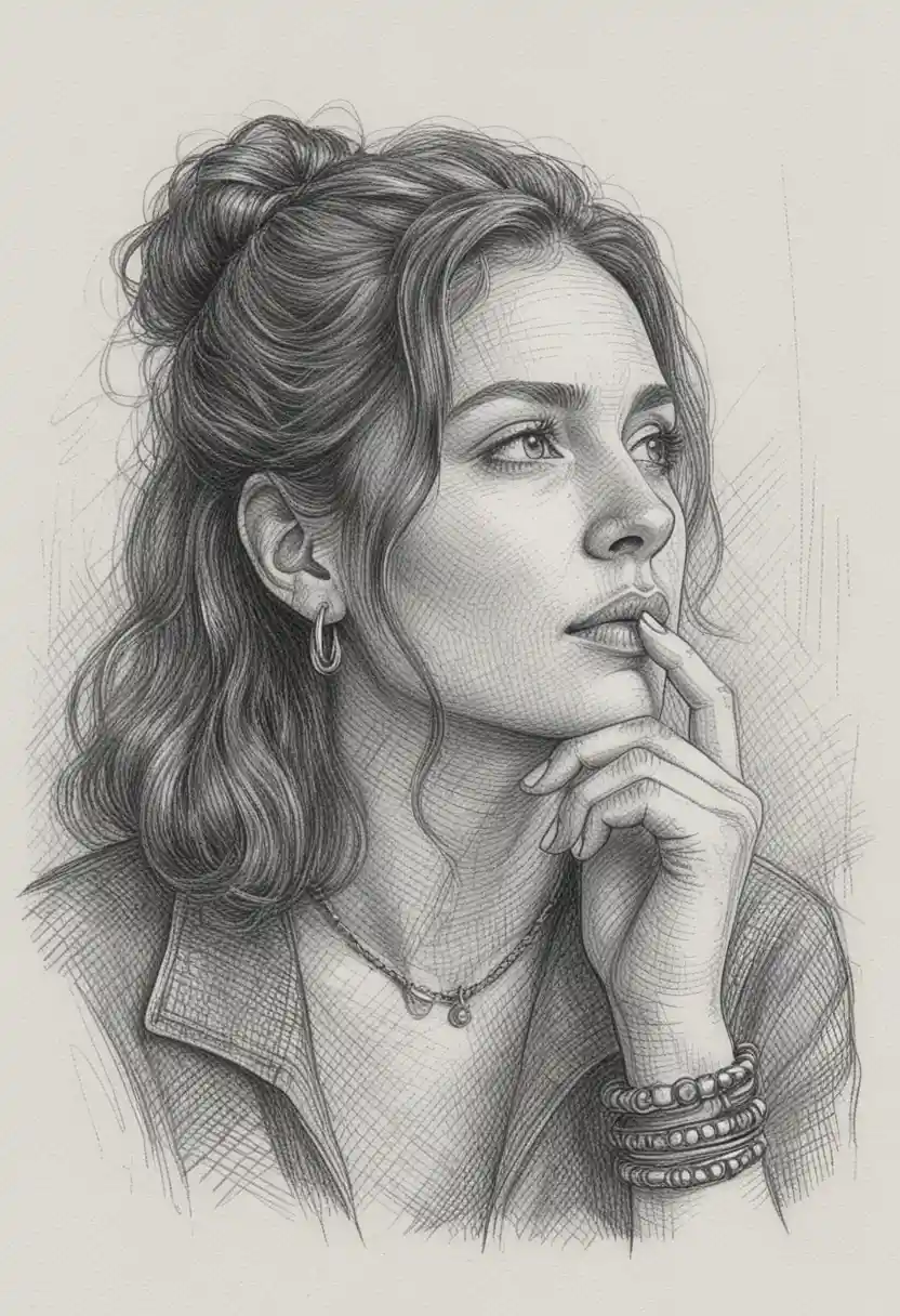 Pensive woman ink portrait with hand to her lips