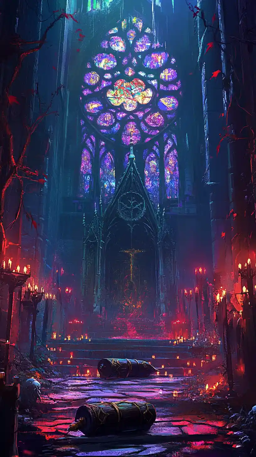 Gothic cathedral interior with chained coffin and sleeping girl