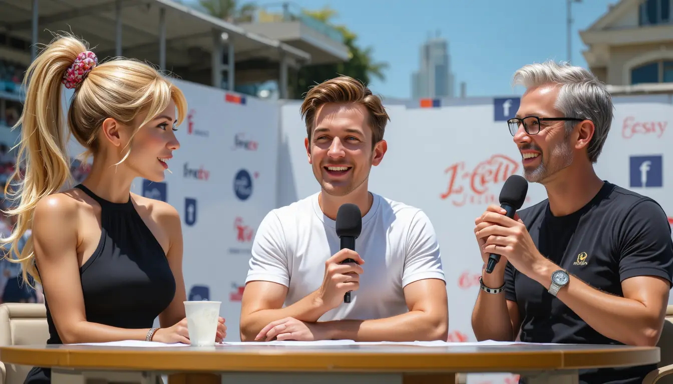 Three tv presenters talking at an outdoor broadcast table