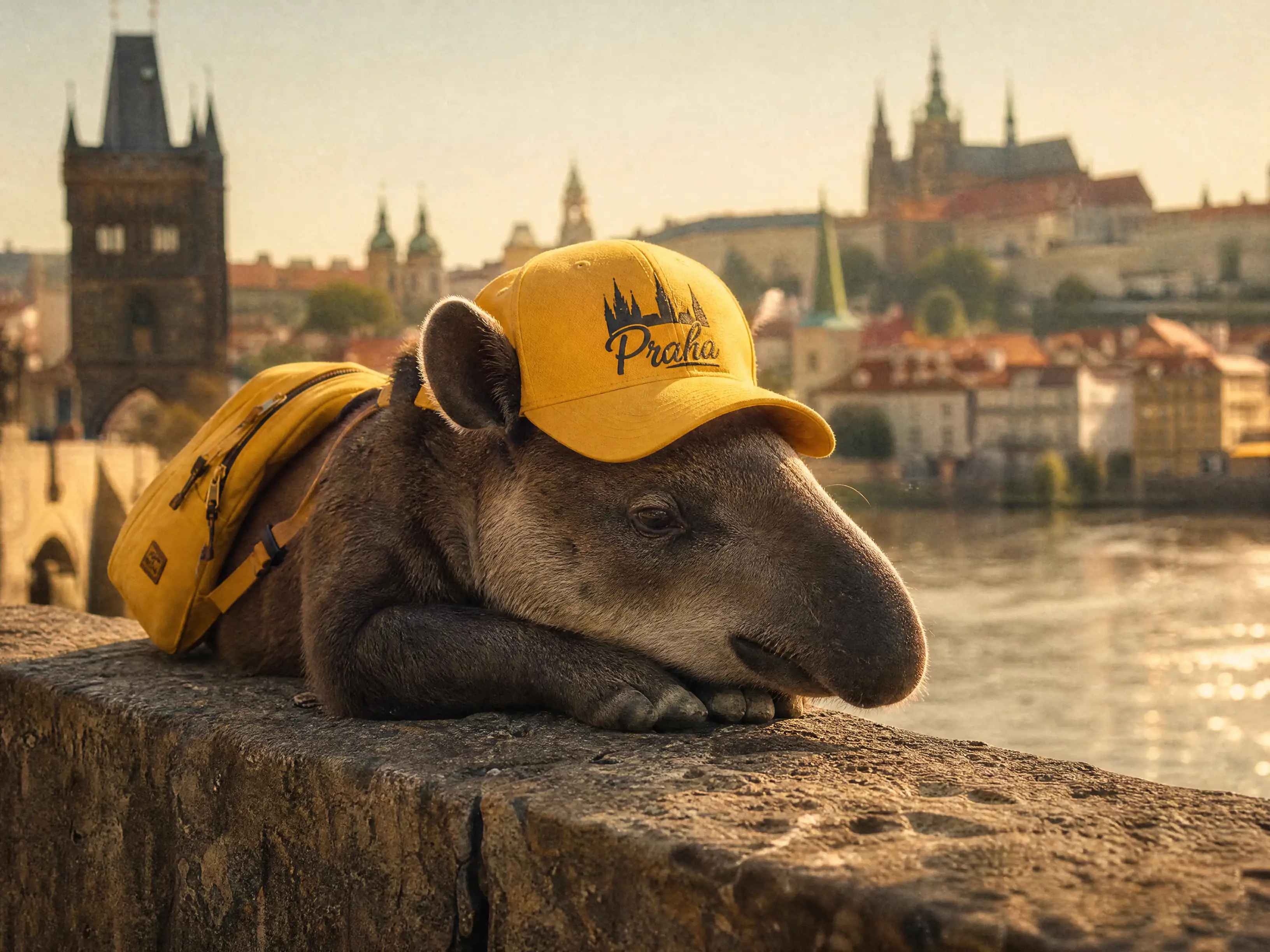 Junger Tapir schläft auf sonniger Brücke in Prag