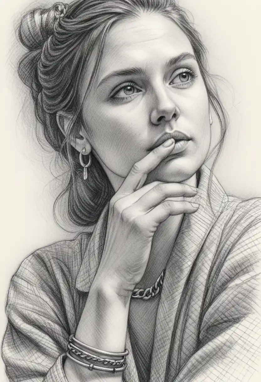 Pensive girl ink portrait with thoughtful hand gesture