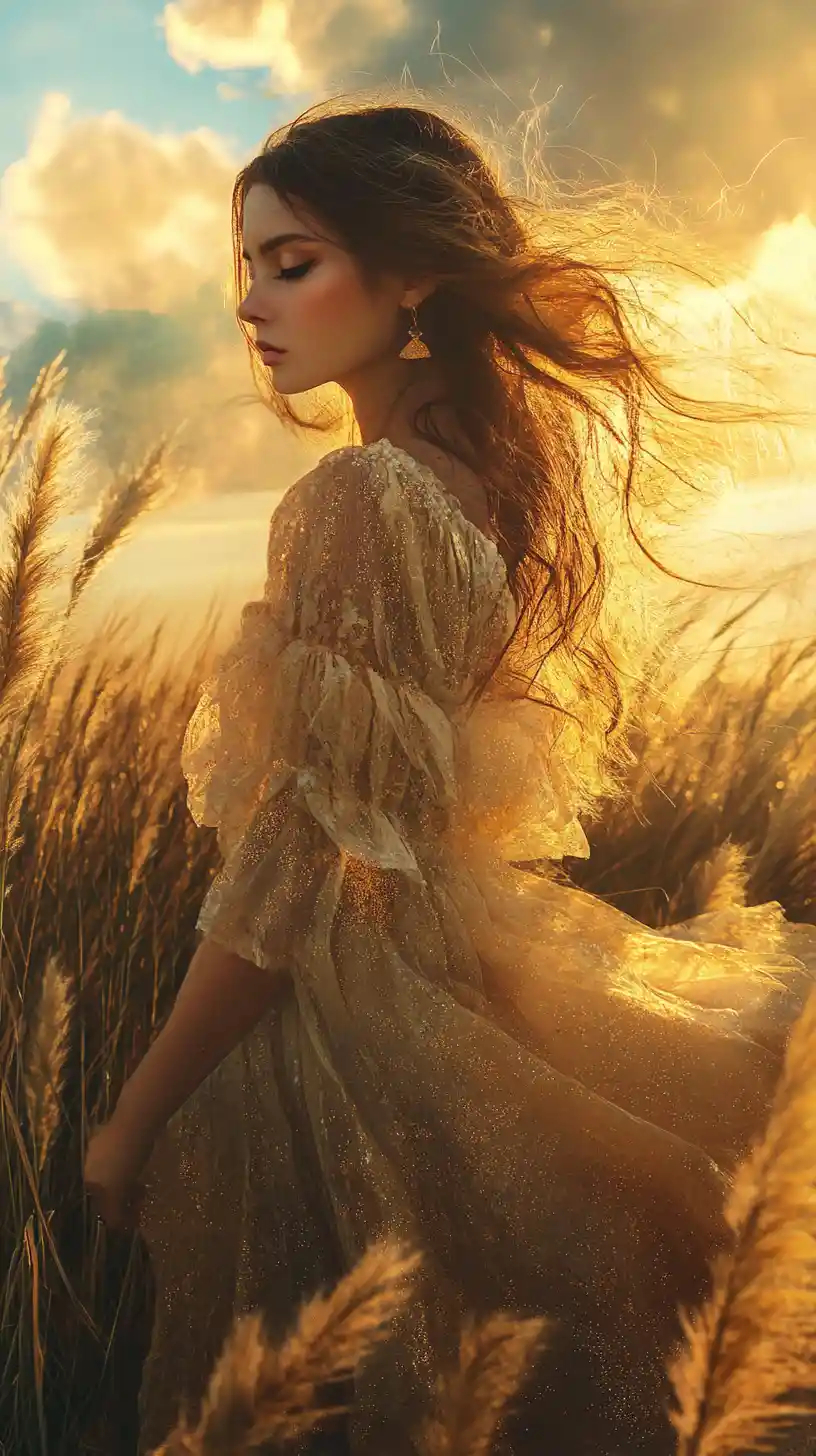 Romantic fantasy portrait of a woman on the beach at dusk