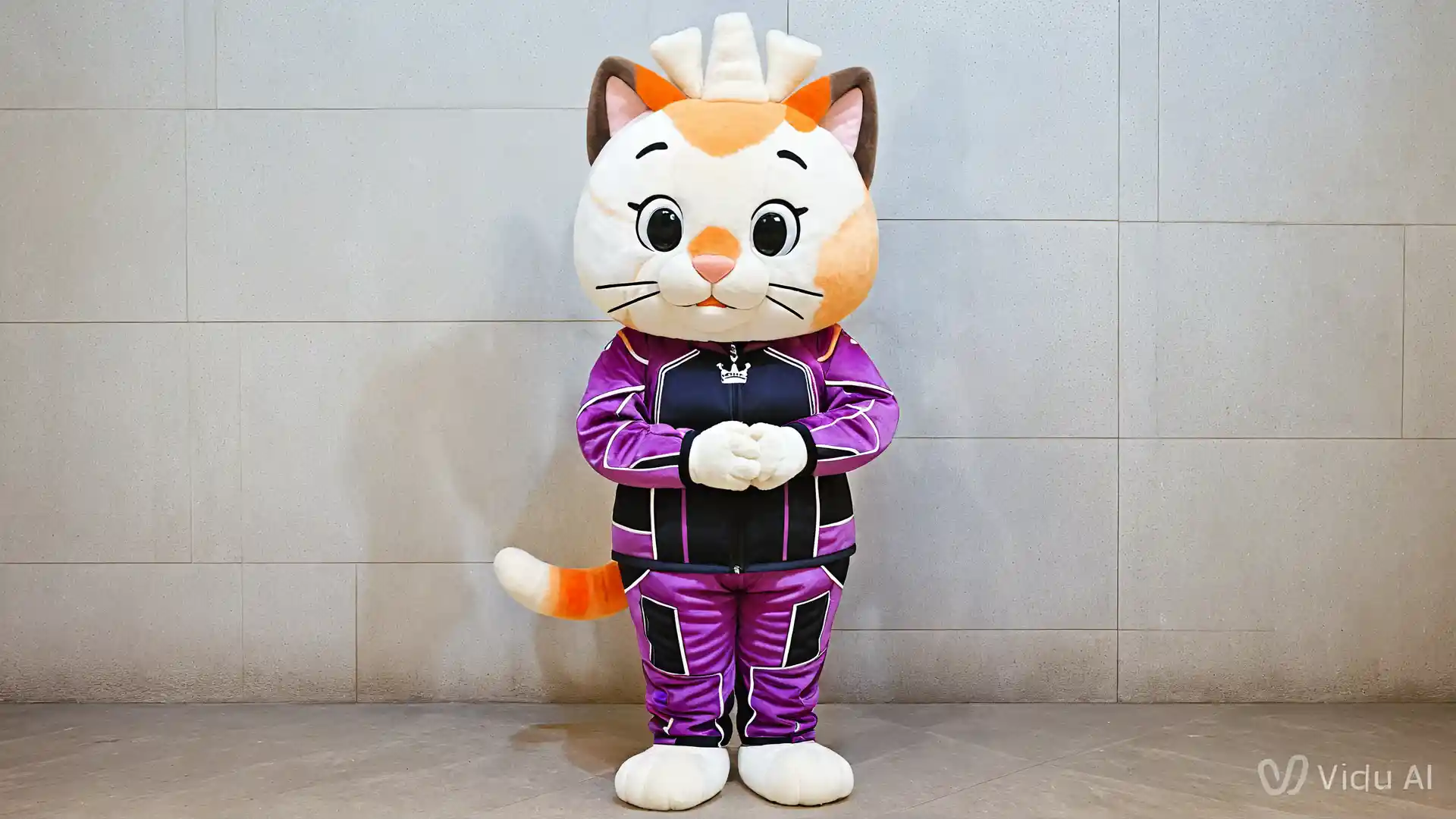 Girl in giant cat mascot suit inside her cozy apartment