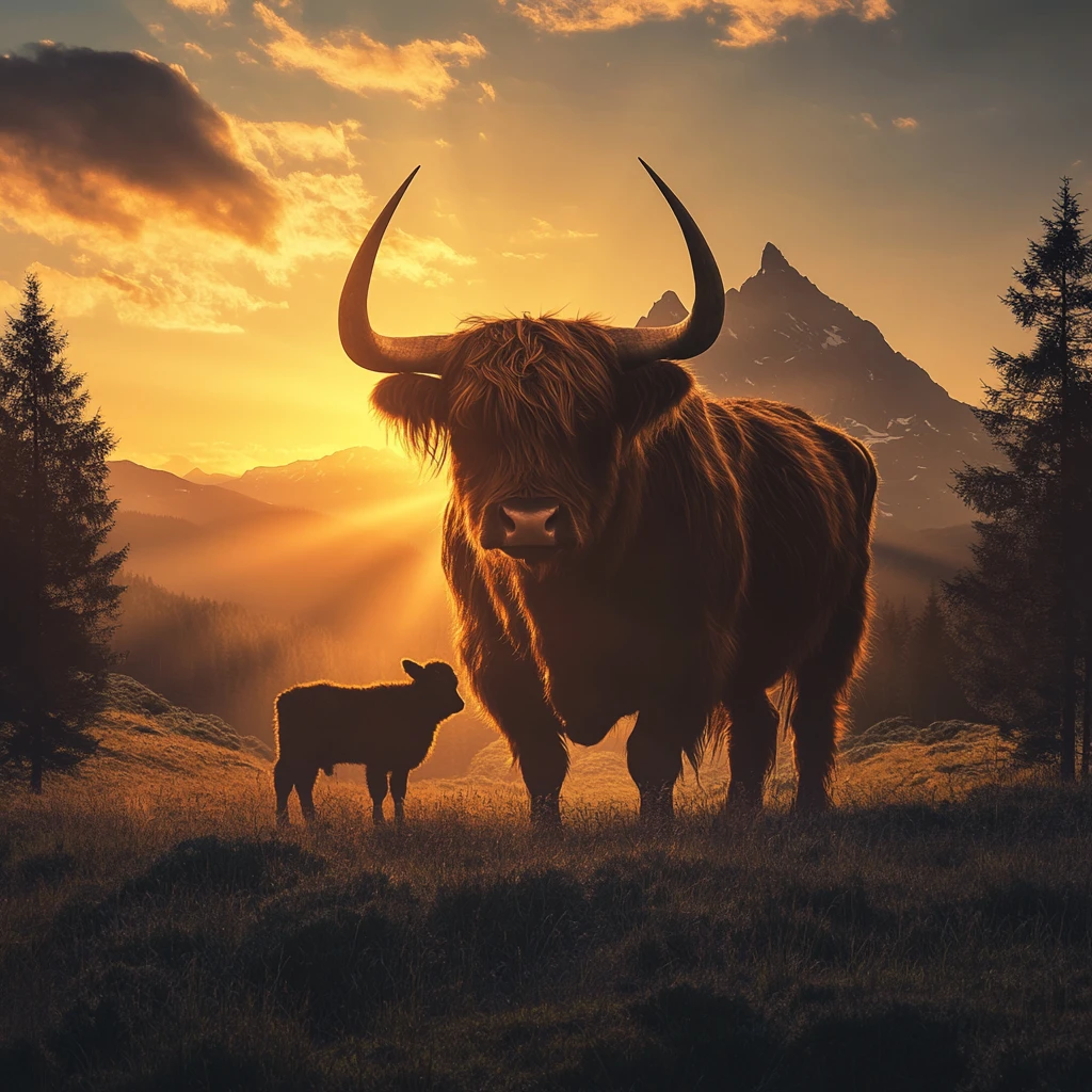 Highland cow silhouette filled with glowing mountain sunrise