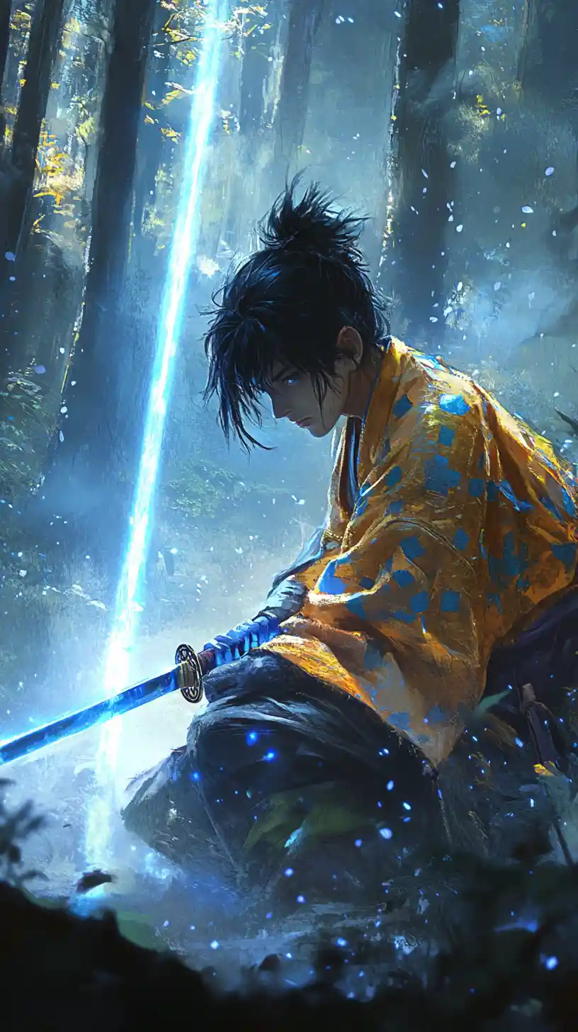 Giovane samurai che sfodera una katana luminosa in una foresta nebbiosa