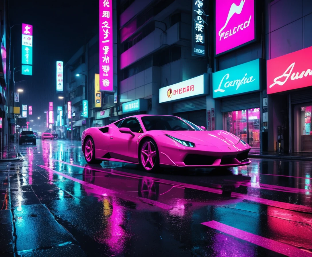 Neon lit rainy city street with futuristic sports cars