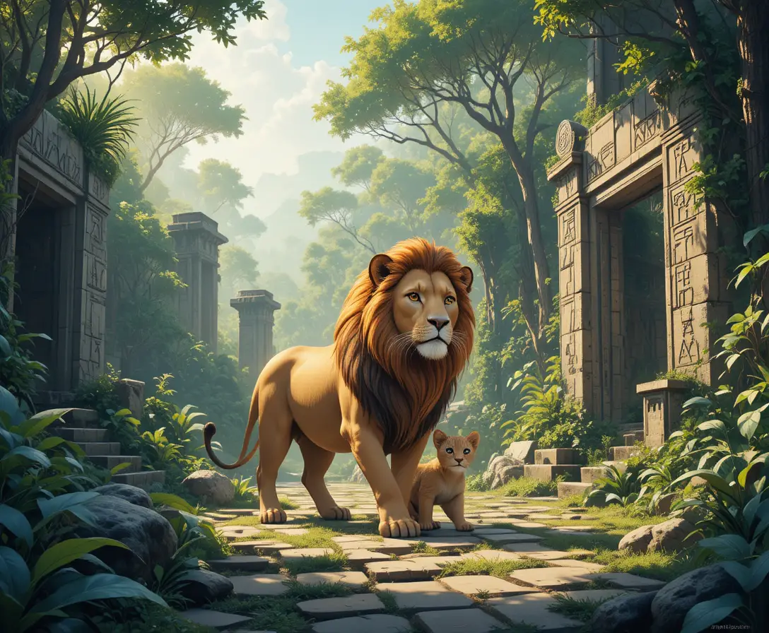 Lion And Cub Exploring Sunlit Jungle Ruins Together