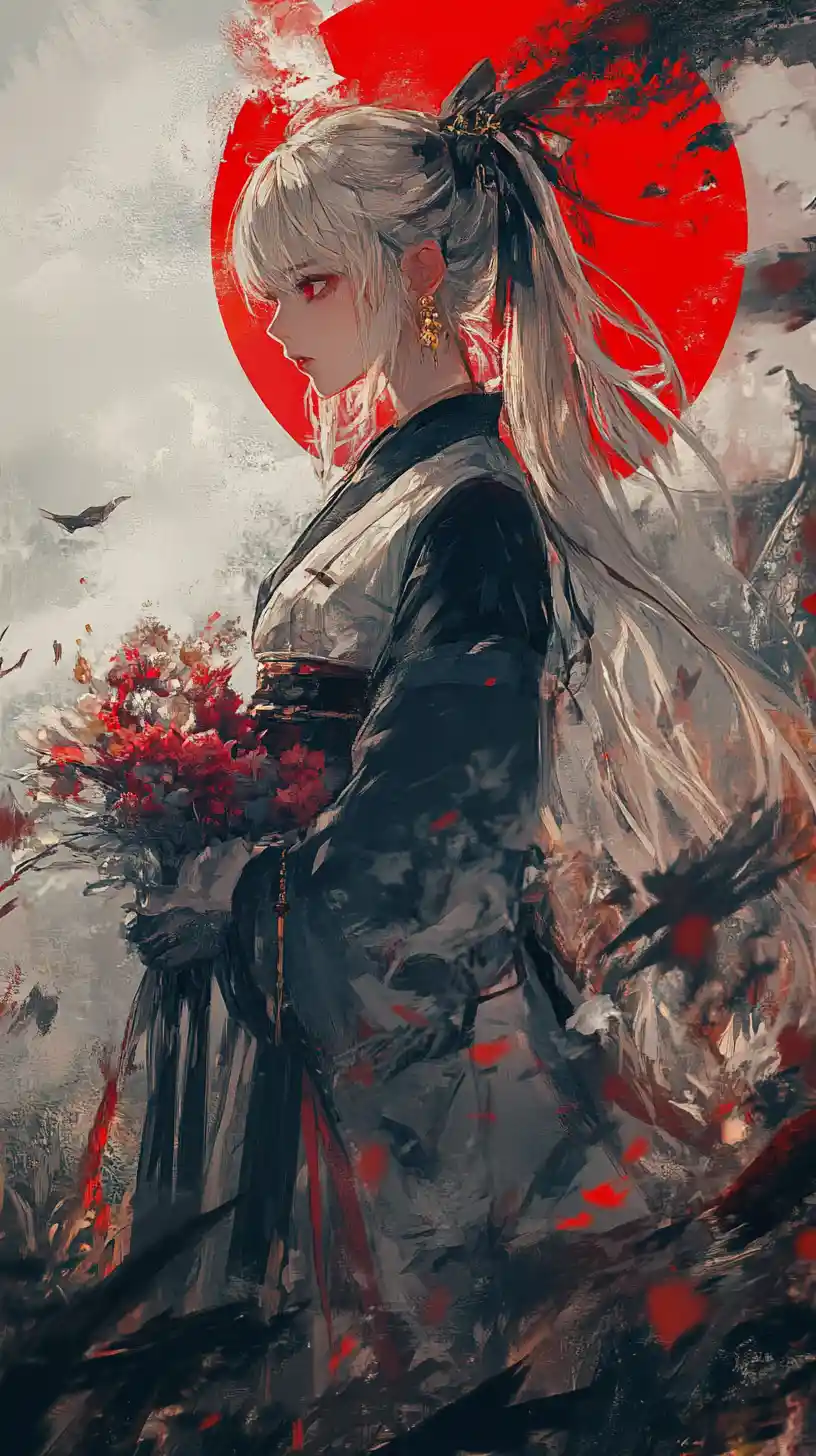 Sad anime girl walking through a field of swords