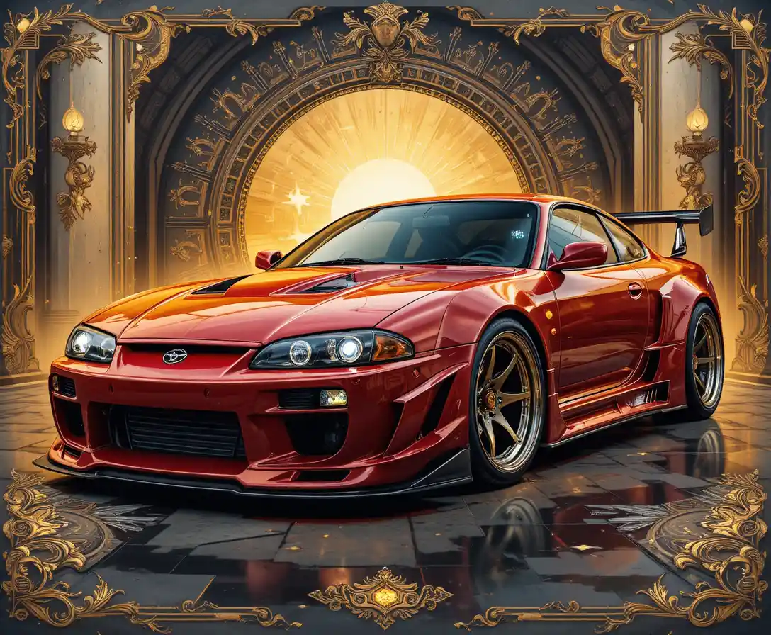 Watercolor sports car with baroque details at golden hour