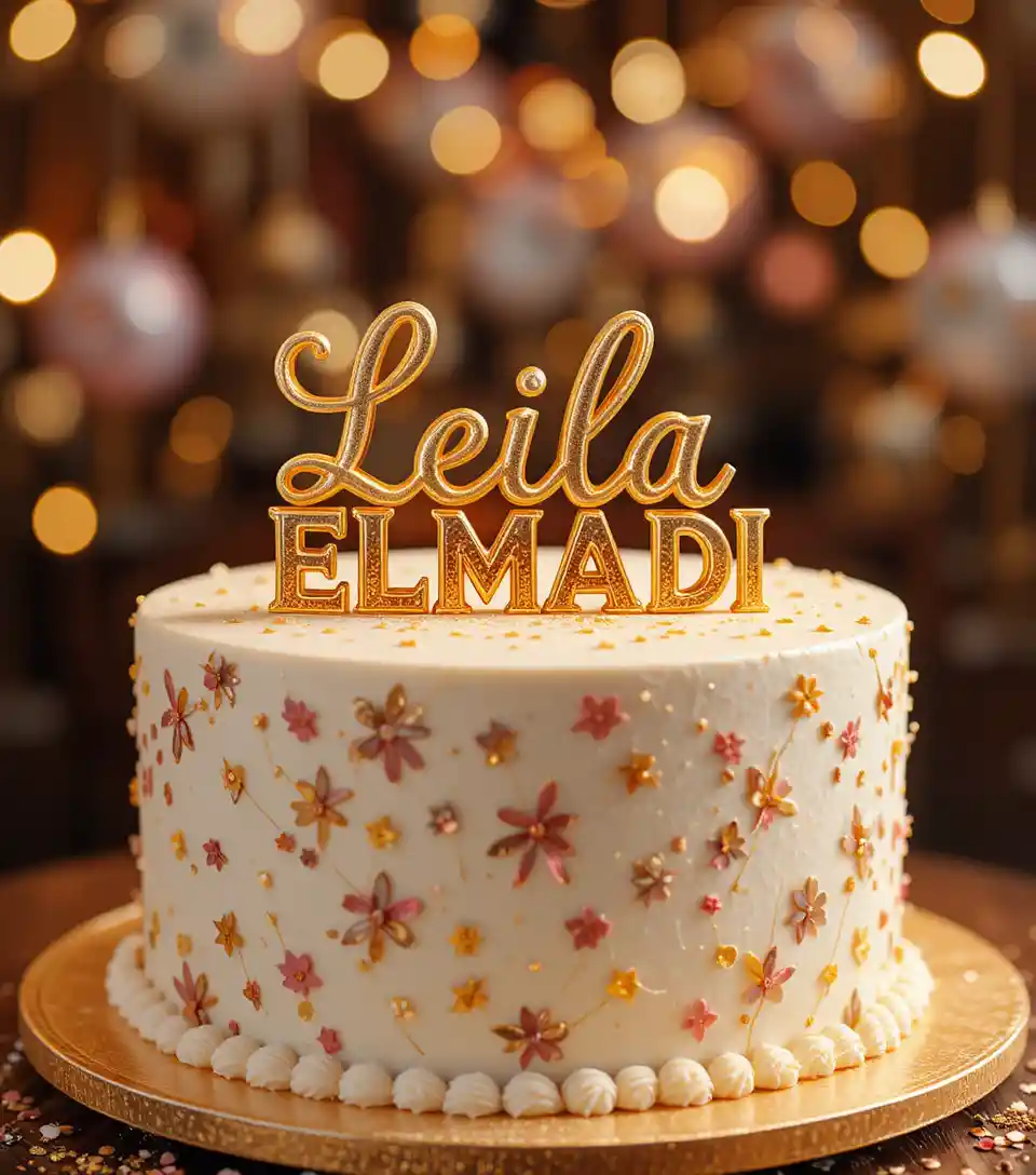 Elegant birthday cake with gold name in festive decor