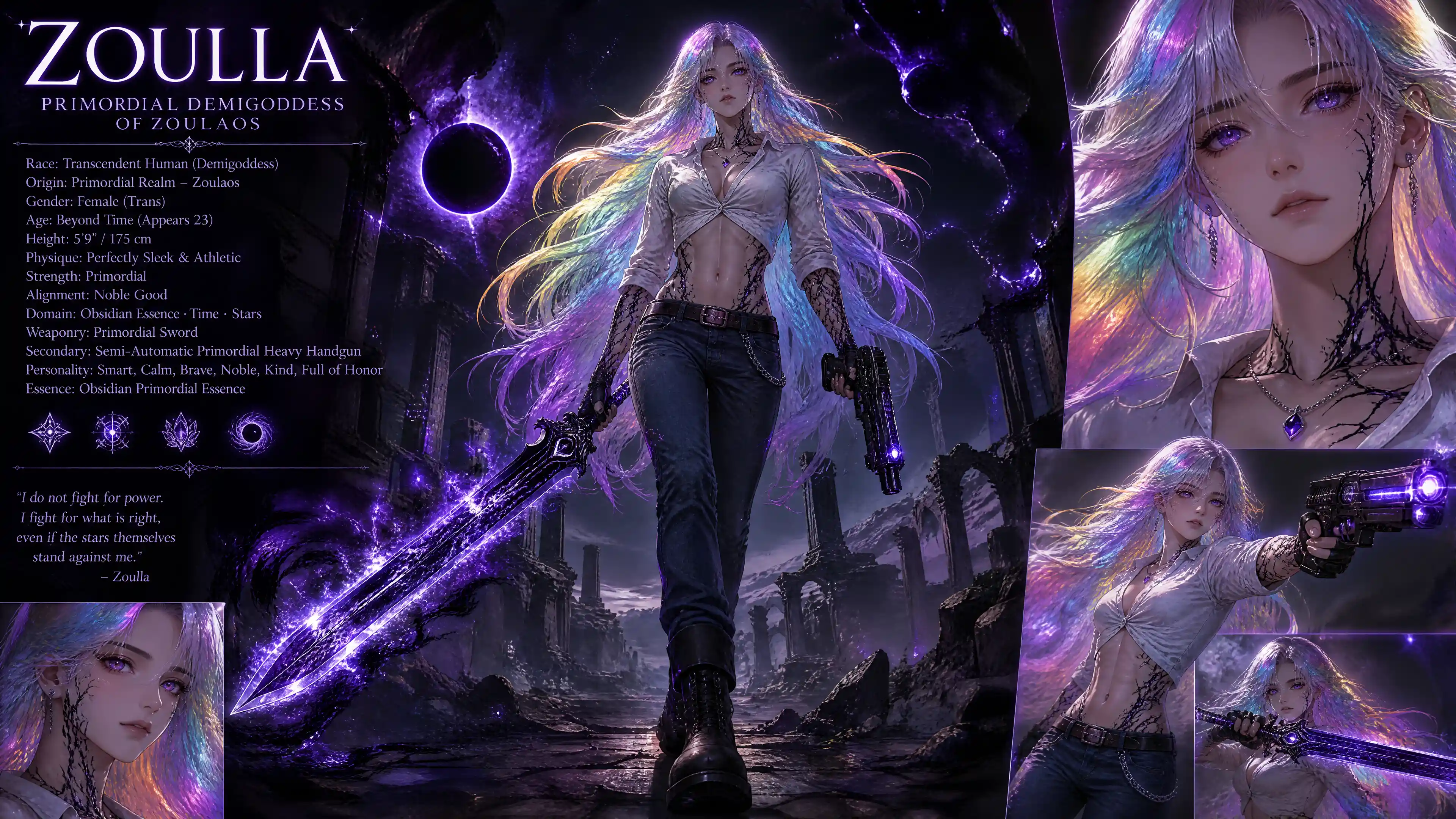 Trans demigoddess with rainbow hair holding sword and handgun