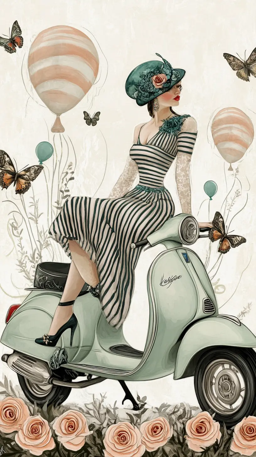 Vintage fashion woman on scooter in floral collage illustration