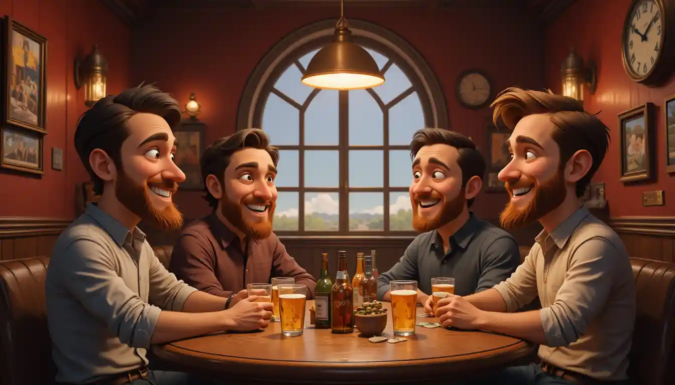 Four friends talking at a round table in a warm pub